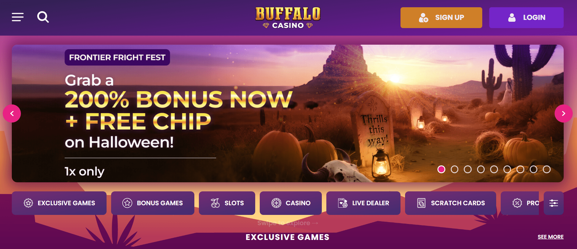 Screenshot of Buffalo Casino slots-first platform with simple onboarding